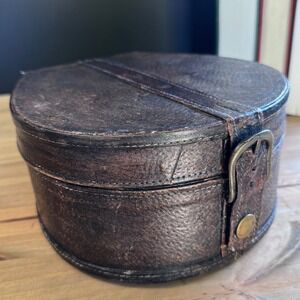 Global Views Round Distressed Leather Box, Designer Vintage Style Lidded Case